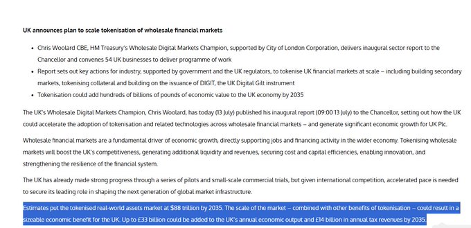 An article headline reading 'UK announces plan to scale tokenisation of wholesale financial markets,' with text noting estimates that the tokenised real-world assets market could reach $88 trillion by 2035.