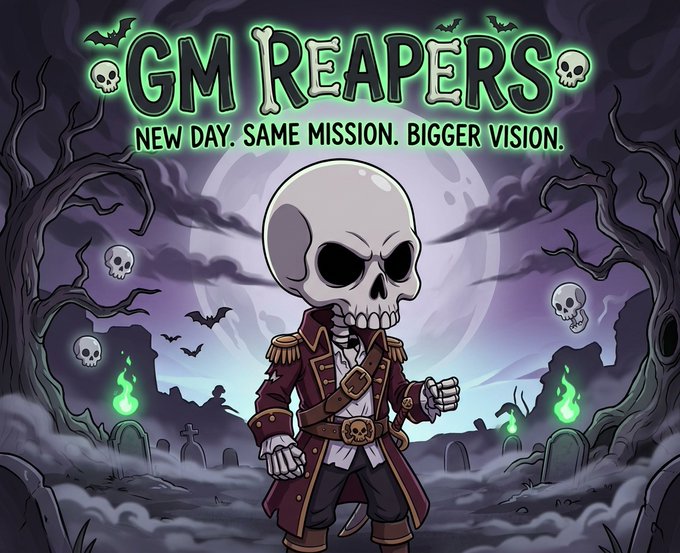 A Halloween-themed graphic featuring a cartoon skull character in a red coat with the text "GM REAPERS" and "NEW DAY. SAME MISSION. BIGGER VISION." against a spooky graveyard background.