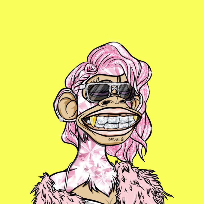A pink, sparkly NFT-style illustration of a Bored Ape character with pink hair, sunglasses, diamond-encrusted teeth, and a fur coat against a yellow background.