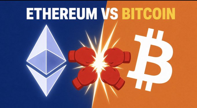 A comparison graphic titled 'ETHEREUM VS BITCOIN' showing the Ethereum logo on a blue background clashing with the Bitcoin logo on an orange background via red boxing gloves.