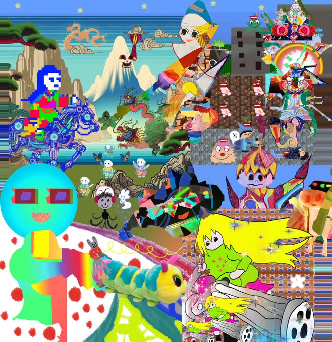 A chaotic, colorful collage of various cartoon, anime, and video game characters and images.