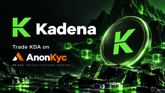 A promotional banner for Kadena (KDA) cryptocurrency, featuring the text 'Trade KDA on AnonKyc - No KYC. Privacy-focused trading.' alongside a green K logo coin.