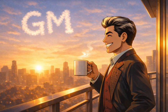 An anime-style illustration shows a smiling man in a suit holding a steaming coffee mug on a balcony overlooking a city at sunset, with 'GM' written in clouds in the sky.