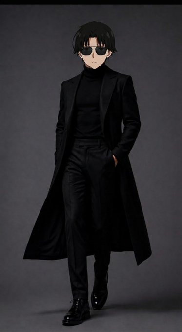 An anime-style illustration of a man with black hair wearing dark sunglasses, a black turtleneck, and a long black coat.
