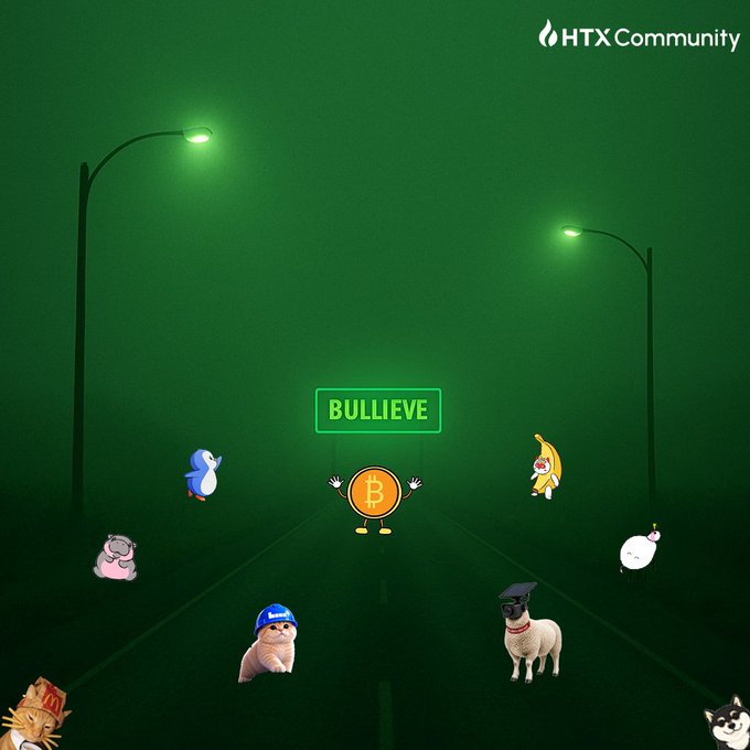 A green-tinted meme illustration showing a Bitcoin character with raised arms under a 'BULLIEVE' street sign, surrounded by meme animals like a penguin, banana, doge, and cat.