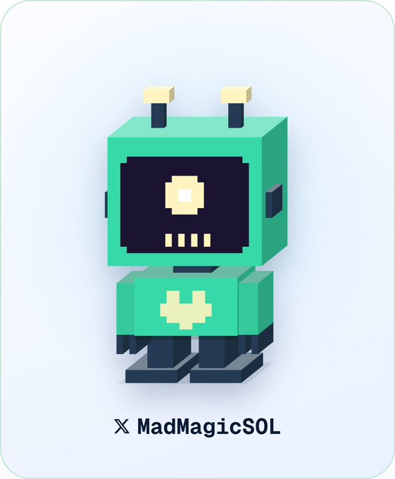 A pixel art style green robot character with a single eye and antennae, labeled 'MadMagicSOL' at the bottom, resembling a voxel-based collectible NFT design.