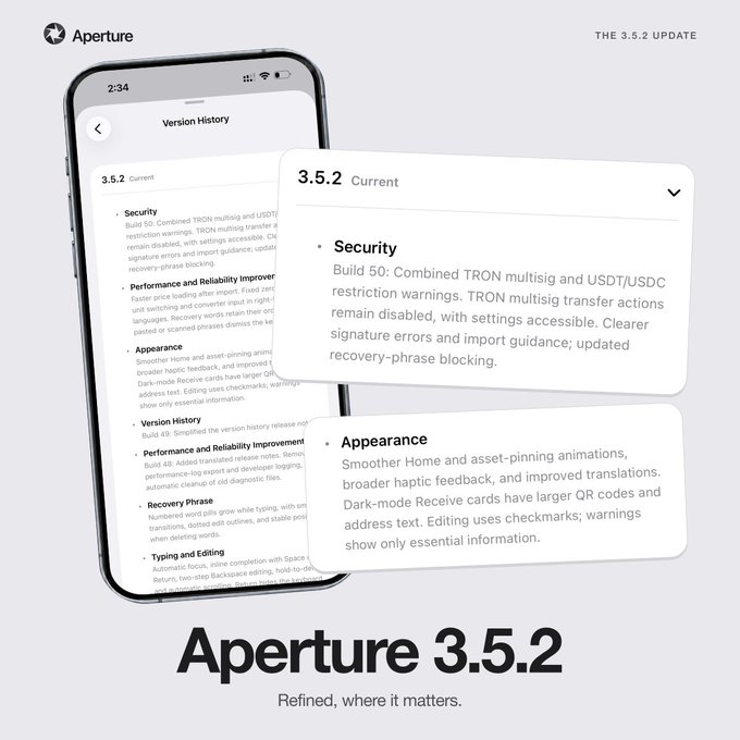 A promotional graphic for 'Aperture 3.5.2' software update, featuring a smartphone displaying version history with security, appearance, version history, recovery phrase, and typing and editing improvements; tagline reads 'Refined, where it matters.'