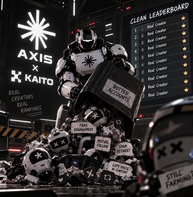 A sci-fi themed promotional image featuring a robotic figure holding a trash bin labeled 'BOTTED ACCOUNTS' while crushing smaller bots tagged with phrases like 'FAKE ENGAGEMENT', 'MUTUAL FOLLOW', and 'SPAM RETWEET'. The image promotes 'AXIS x KAITO' with text 'REAL CREATORS REAL RANKINGS' and shows a 'CLEAN LEADERBOARD' listing 'Real Creator' entries.