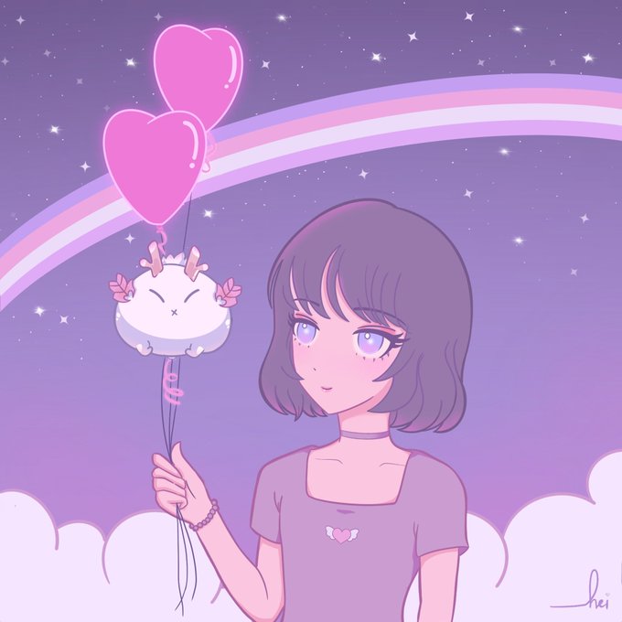 An anime-style illustration shows a girl with purple hair holding heart-shaped balloons and a cute axolotl plush against a starry purple sky with a rainbow.