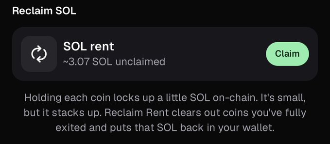 A digital interface titled 'Reclaim SOL' offers a 'Claim' button for '~3.07 SOL unclaimed' rent, explaining that exiting coins releases locked Solana.
