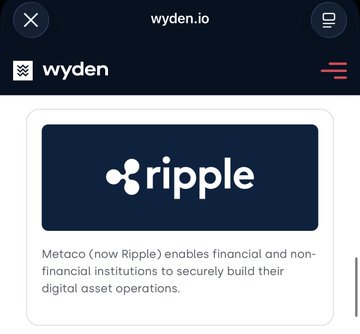 The image shows a Wyden.io webpage featuring a Ripple logo card that reads "Metaco (now Ripple) enables financial and non-financial institutions to securely build their digital asset operations." It visually supports the post by highlighting the Wyden-Ripple Custody integration, illustrating the partnership that is extending Ripple's enterprise-grade institutional infrastructure into Wyden's trading platform.