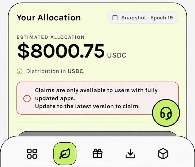 The user wants a concise caption for the image.
I need to identify the key elements:
- **Title:** "Your Allocation"
- **Value:** "$8000.75 USDC" (Estimated Allocation)
- **Context:** "Snapshot · Epoch 19"
- **Note:** "Distribution in USDC."
- **Warning Box:** "Claims are only available to users with fully updated apps. Update to the latest version to claim." There is a green circle with a headset icon.
- **Bottom Navigation:** A leaf icon is highlighted in green.

The post text mentions "Grass", "Season 2", "fees", and a registration link "app.grass.io/register". This suggests the image is a screenshot from the "Grass" app, showing a user's token allocation (likely $GRASS or similar, but here it says USDC, implying a reward or allocation value). The "Leaf" icon likely represents the