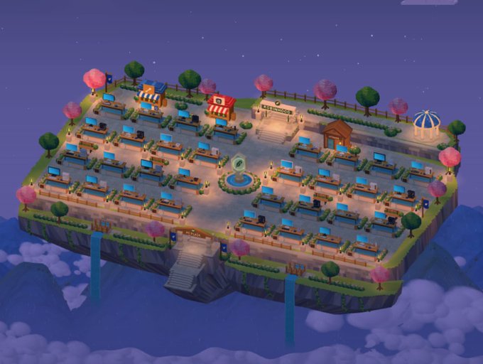A 3D isometric floating island featuring a computer lab with rows of monitors, trees, and a central fountain, set against a starry night sky with waterfalls cascading off the edges.