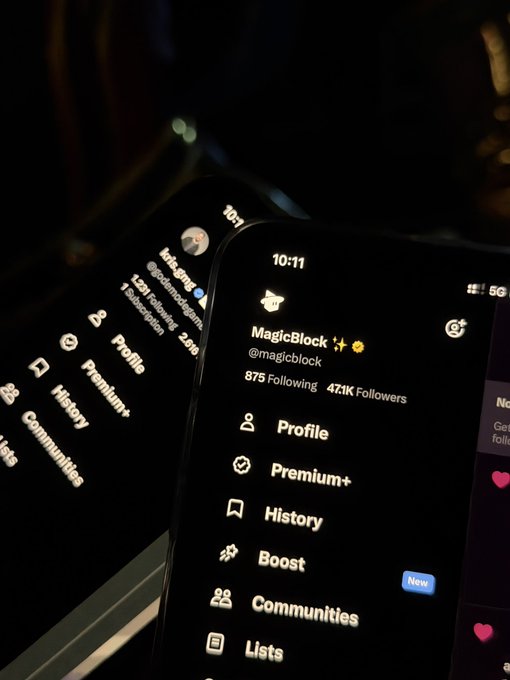 Two smartphones display the X/Twitter app in dark mode, showing the profile for 'MagicBlock @magicblock' with 875 Following and 47.1K Followers.