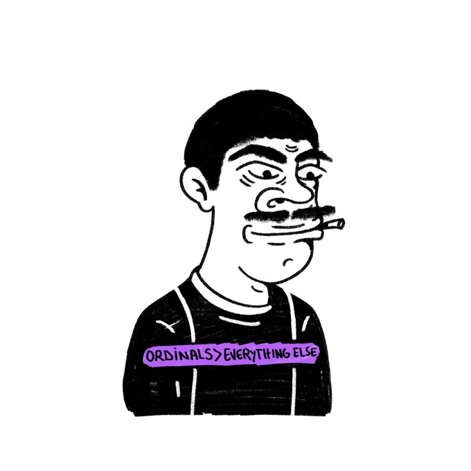 A black and white cartoon drawing of a man smoking a cigarette, wearing a shirt with the text 'ORDINALS > EVERYTHING ELSE' highlighted in pink.
