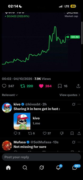 A mobile phone screenshot of a social media post showing a green crypto price chart with a massive spike, displaying the username 'kivo' and a reply from 'Mufasa' saying 'Not missing for sure'.