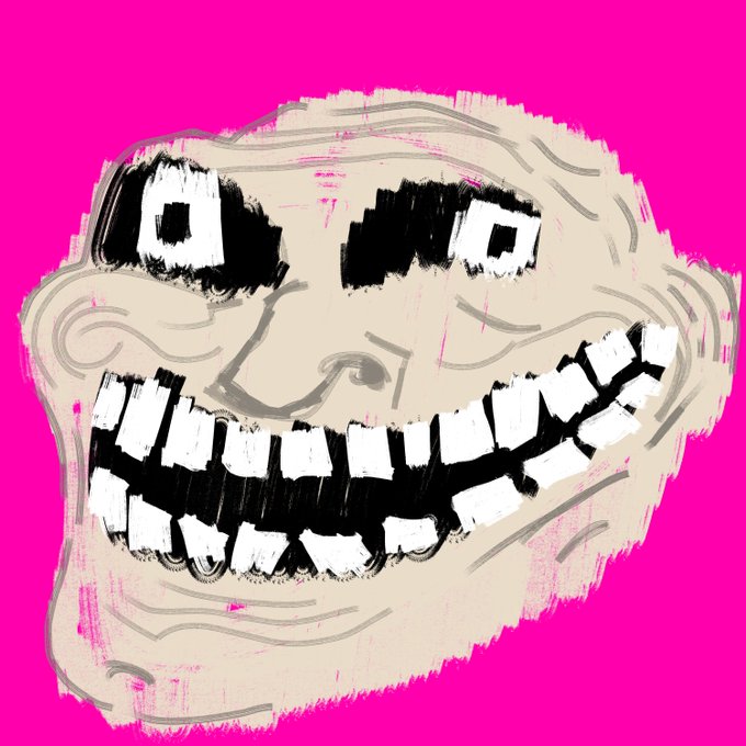 A digital drawing of a creepy grinning skull-like face with hollow black eyes and jagged teeth, rendered in white and black on a bright pink background.