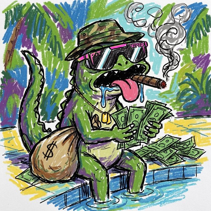 A colorful illustration of a reptilian character wearing a camo hat, sunglasses, smoking a cigar, and holding stacks of money with a money bag in a tropical setting.