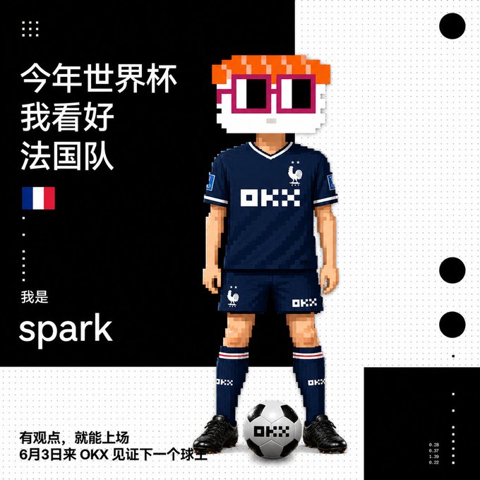 The image features a person wearing a soccer uniform, which includes a blue jersey with "OKX" written on it. The person also has an orange mask over their eyes and glasses that are shaped like soccer balls. In the background of the image, there is a soccer ball placed next to a banner that says "SPARK".
