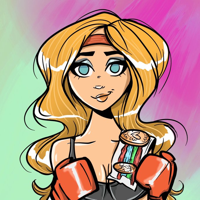A colorful cartoon illustration of a blonde female character with blue eyes and boxing gloves, holding a small scroll against a pink and green background.