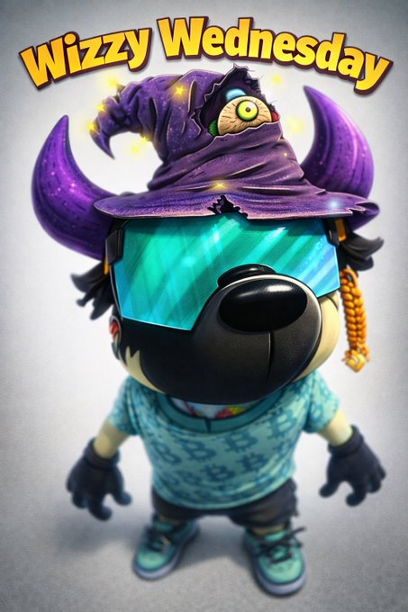 A character wearing a purple wizard hat with an eyeball design, blue sunglasses, and a patterned sweater under the text 'Wizzy Wednesday'.