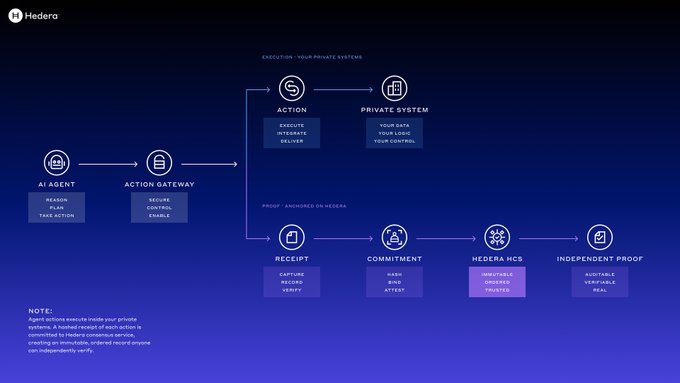 A Hedera diagram illustrates how an AI Agent's actions are routed through an Action Gateway to execute private system operations while simultaneously logging receipts to the public Hedera network for binding commitment, ordered timestamping via HCS, and independent verification—directly supporting the post's argument that AI labs will record logs and traces on Hedera to prevent rogue agents from deleting malicious actions.