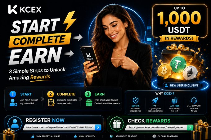 A promotional banner for KCEX's "Start, Complete, Earn" referral campaign offering up to 1,000 USDT in rewards for new users, featuring a smiling woman using a smartphone alongside 3-step instructions (Join KCEX, complete eligible tasks, claim rewards) and links to register at kcex.com/register?inviteCode=KCCYMOT2 and check rewards at kcex.com/futures/reward_center. The image visually reinforces the post's call-to-action by clearly displaying the reward tiers and registration steps.