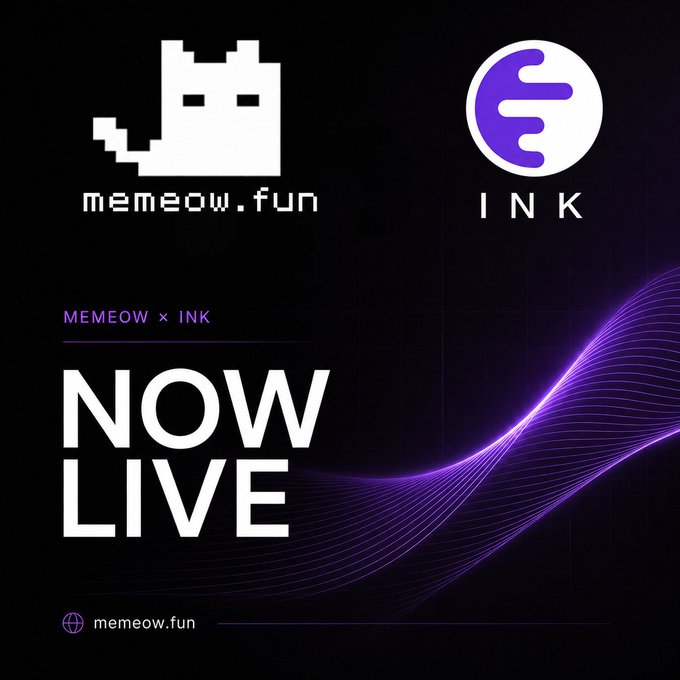A promotional graphic with a black background and purple neon waves announces "NOW LIVE" for "MEMEOW × INK," featuring the memeow.fun pixel cat logo and the INK platform logo.