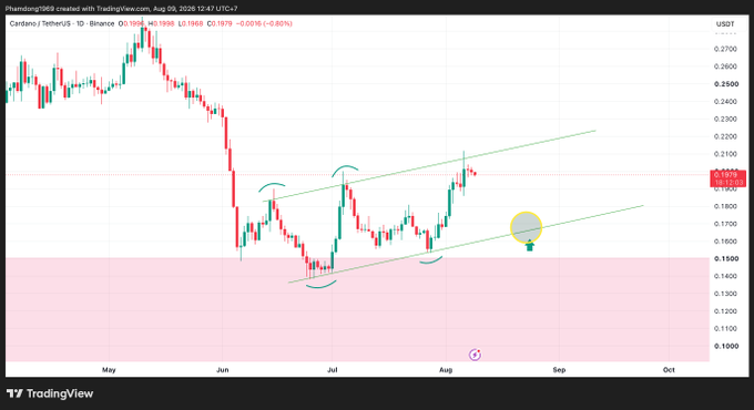 A TradingView candlestick chart for Cardano/TetherUS on Binance showing a descending channel pattern with green trendlines and a highlighted resistance zone.