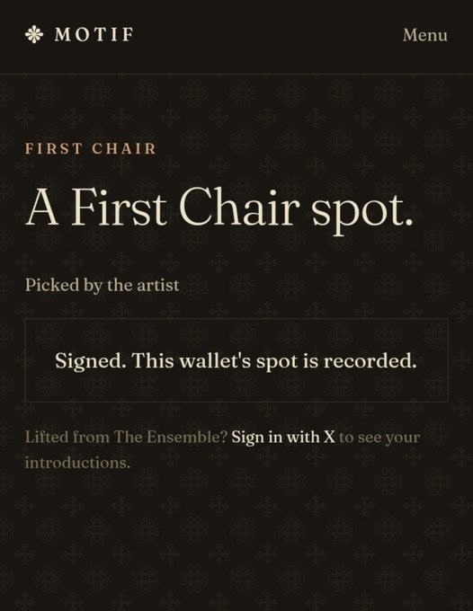 A dark-themed webpage from "MOTIF" displaying "A First Chair spot." with the text "Picked by the artist" and a notice reading "Signed. This wallet's spot is recorded."