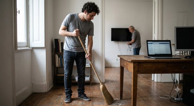 A man sweeping the floor of a room with a wooden broom while another man works with electronics near a wall-mounted TV.