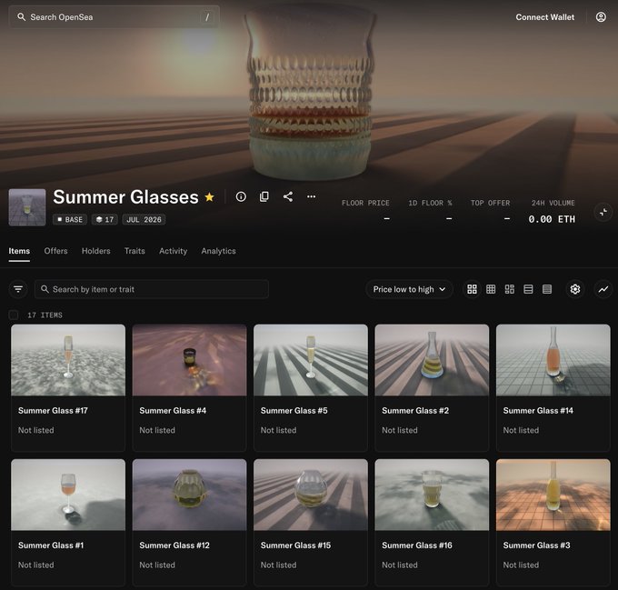 OpenSea NFT marketplace page for 'Summer Glasses' collection on BASE blockchain, showing 17 items none of which are listed.