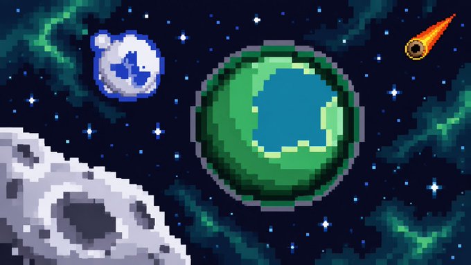 Pixel art space scene featuring Earth-like planets, a moon, a meteor, and a satellite set against a starry background.