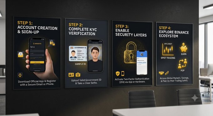 A four-panel infographic displayed on digital screens in a modern office outlines Binance account setup steps: Step 1: Account Creation & Sign-Up (download official app & register with secure email or phone), Step 2: Complete KYC Verification (upload valid government ID & take a clear selfie), Step 3: Enable Security Layers (activate two-factor authentication via app or hardware), and Step 4: Explore Binance Ecosystem (spot trading, earn, BTC/USDT, and P2P). The visual reinforces the post's warning to new users about avoiding security setup mistakes that could lead to lost funds or locked accounts.