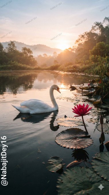A serene sunset scene featuring a white swan on a tranquil pond with a pink lotus flower in the foreground, watermarked @NabajitDey16.