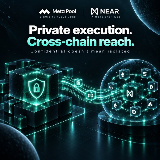 Promotional graphic for Meta Pool and NEAR featuring the text 'Private execution. Cross-chain reach.' and 'Confidential doesn't mean isolated' alongside blockchain and security imagery.