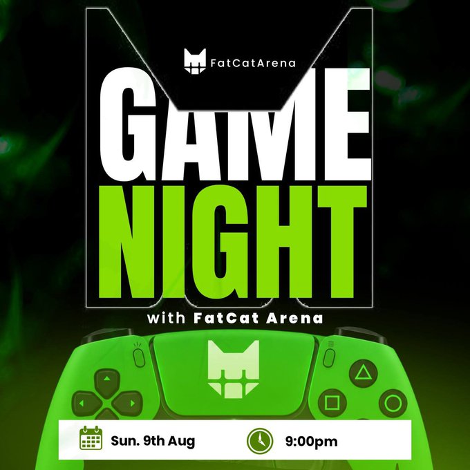 A promotional graphic for "GAME NIGHT with FatCat Arena" featuring bright green text on a dark background above a neon green PlayStation controller. Event details show "Sun. 9th Aug" at "9:00pm".