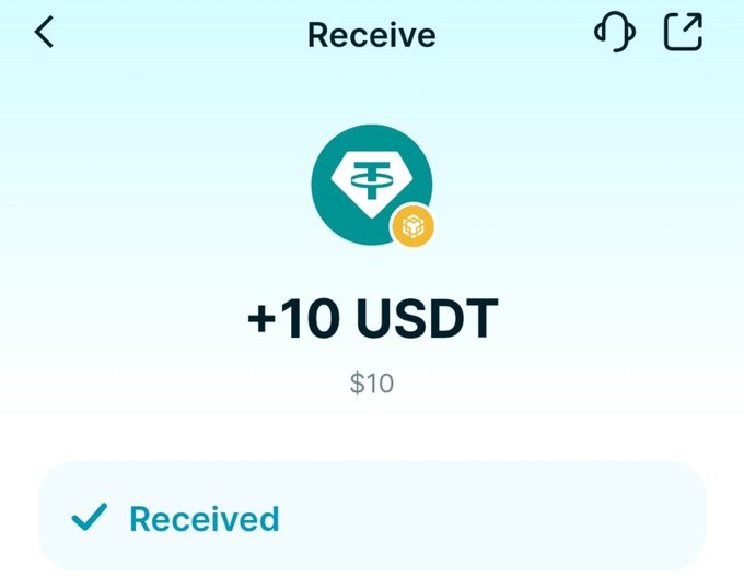 A mobile app 'Receive' screen showing a successful Tether (USDT) transaction of +10 USDT ($10) with a 'Received' confirmation button.