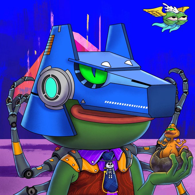 A blue, cybernetic frog with robotic arms holds a small orange frog, while a winged frog flies above—all stylized Pepe variations tying into the @PepeExplorers meme project. The futuristic "mecha Pepe" design reinforces the post's claim of an "undervalued favorite" within the Pepe crypto ecosystem.