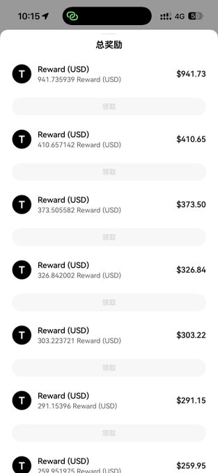 A mobile app screenshot displays a list of USDT rewards totaling various dollar values including $941.73, $410.65, $373.50, and others with claim buttons.
