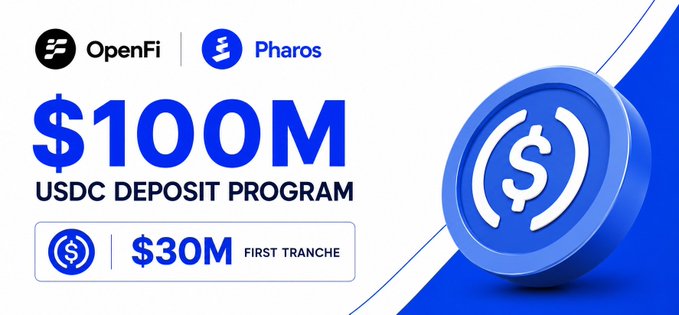 The image shows an advertisement for OpenFi's $100 million USDC deposit program presented with a blue and white coin as its centerpiece. The text on the banner states that "Don'T waste your stables. Start earning real yield Most stablecoin yields come from token incentives that eventually dry up @pharos_network is taking a different approach. Through OpenFi' s $100M USDC deposit program, yield is backed by real-world assets, not token printing". The main message of the image emphasizes the benefits and value of depositing into this program rather than investing in traditional tokens or coin minting schemes.