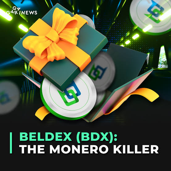 A graphic for 'BELDEX (BDX): THE MONERO KILLER' from Get Carinews, showing gift boxes with BDX tokens and a green logo.