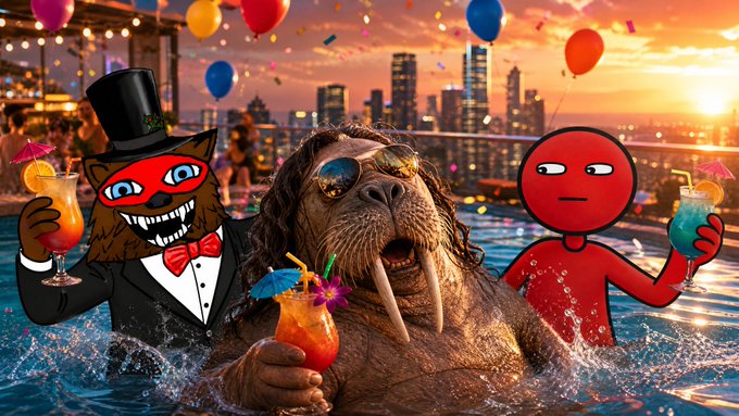 A whimsical poolside party scene features three characters—a suited raccoon mascot, a sunglasses-wearing walrus, and a red cartoon figure—each holding tropical drinks and balloons against a sunset city skyline, with confetti filling the air to celebrate the weekend.