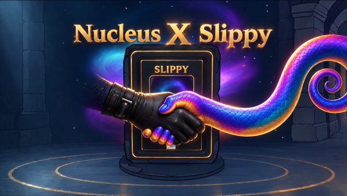A stylized crypto/NFT promotional artwork titled 'Nucleus X Slippy' featuring a handshake between a dark mechanical glove and a vibrant rainbow-colored snake arm in front of a glowing card.