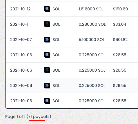 A Solana (SOL) cryptocurrency transaction history showing seven payouts from October 6-12, 2021, with amounts ranging from 0.225 to 5.1 SOL totaling 71 payouts on page 1.