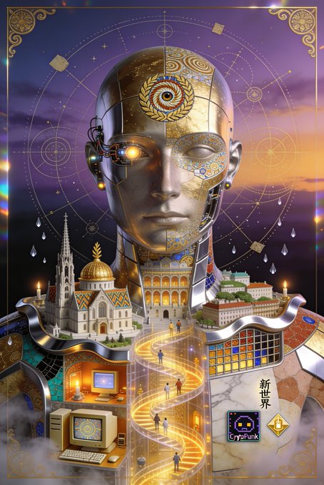 The image features a large, metallic robot head with a face and arms, surrounded by various objects such as buildings, staircases, and people. The scene appears to be set in a city or town, possibly Vienna Austria, given the reference to "Gm From Vienna Austria" and "The New World". There are also small Easter eggs embedded within the image that provide additional context about the artist's inspiration and creative process.