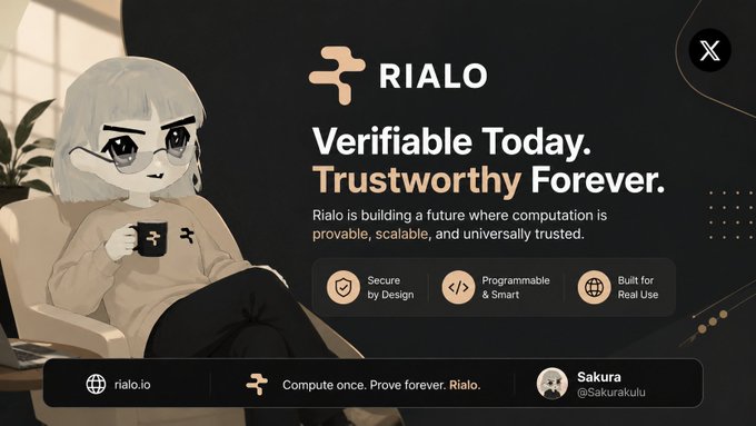 A promotional graphic for Rialo features an anime-style character holding a coffee mug alongside the tagline "Verifiable Today. Trustworthy Forever." and highlights its core values of being "Secure by Design," "Programmable & Smart," and "Built for Real Use," with the handle @Sakurakuli credited at the bottom. The image visually reinforces the post's message about rethinking Web3 fundamentals by showcasing Rialo's focus on provable, scalable, and secure computation.