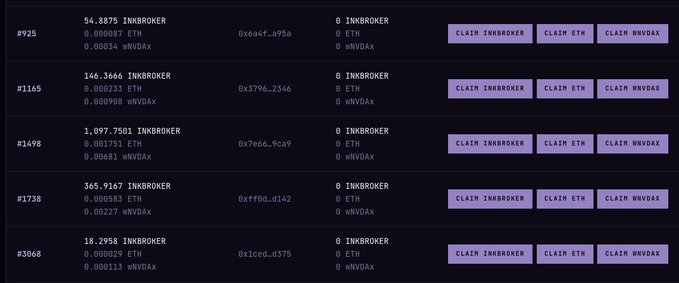 A dark-themed dashboard table showing five tiers (#925, #1165, #1498, #1738, #3068) with varying balances of INKBROKER (ranging from ~18 to ~1,097 tokens), along with smaller ETH and wNVDAx amounts, each wallet tied to a unique address (e.g., 0x6a4fa95a, 0x3799c2366) and offering "CLAIM INKBROKER," "CLAIM ETH," and "CLAIM WNVDAX" buttons for the T1, T2, T4, T3, and T0 tiers referenced in the post.