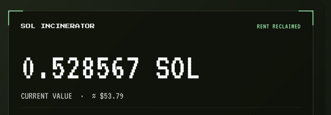 A digital interface labeled 'SOL INCINERATOR' shows a value of '0.528567 SOL' with 'RENT RECLAIMED' and a current value of approximately $53.79.