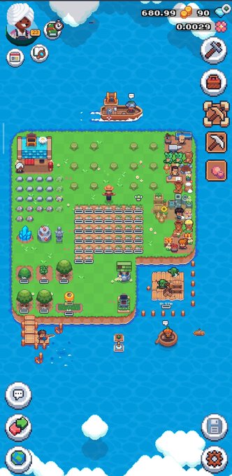A pixel art mobile game screenshot showing a top-down view of a farm island surrounded by water, featuring a boat, crops, trees, characters, and a UI with resources at the top displaying '680.99' and '0.0029'.